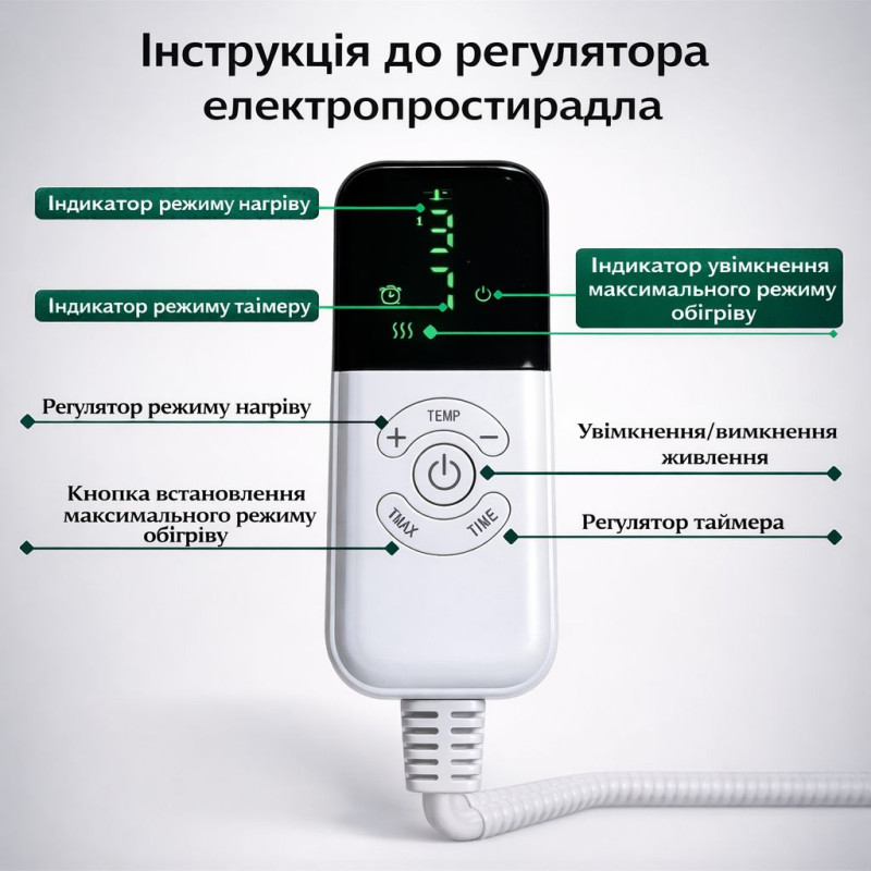 Електропростирадло односпальне 70х160 см Home Textile Comfort, 9 режимів підігріву +таймер відключення, Туреччина, 2 р. гарантії